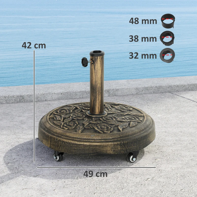 Outsunny Parasol Base, Umbrella Base with Wheels Cast Iron Effect, for Umbrella, Canopy, Weather Resistant, Bronze Tone