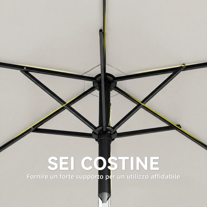 Outsunny Ombrellone da Giardino Inclinabile 2x2 m a 6 Stecche con Manovella, in Metallo e Poliestere Grigio Chiaro