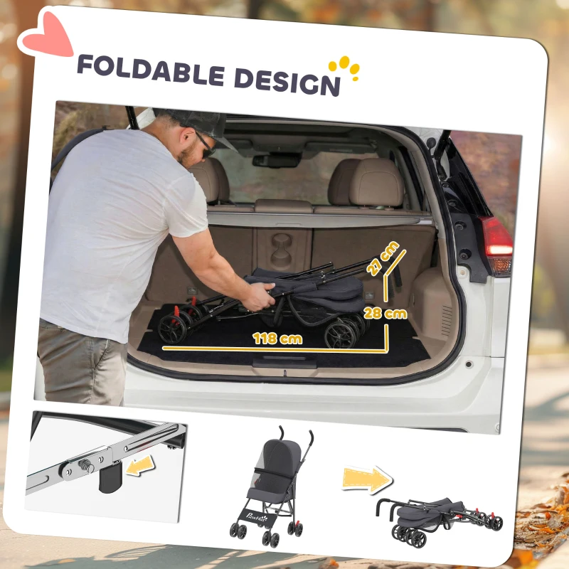 PawHut Dog Stroller, Foldable Cat Dog Pram for Miniature Breeds, Pet Stroller with Brake, Mesh Windows, Dark Grey