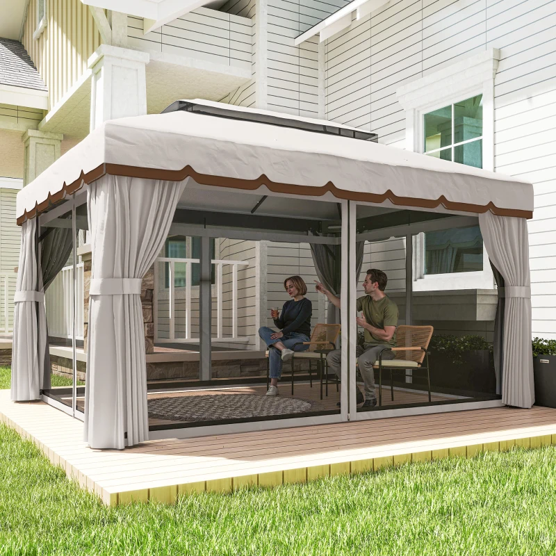 Outsunny Pérgola de Jardim 390x290x270 cm com 4 Cortinas Laterais 4 Telas Mosquiteiras e 8 Orifícios de Drenagem Creme