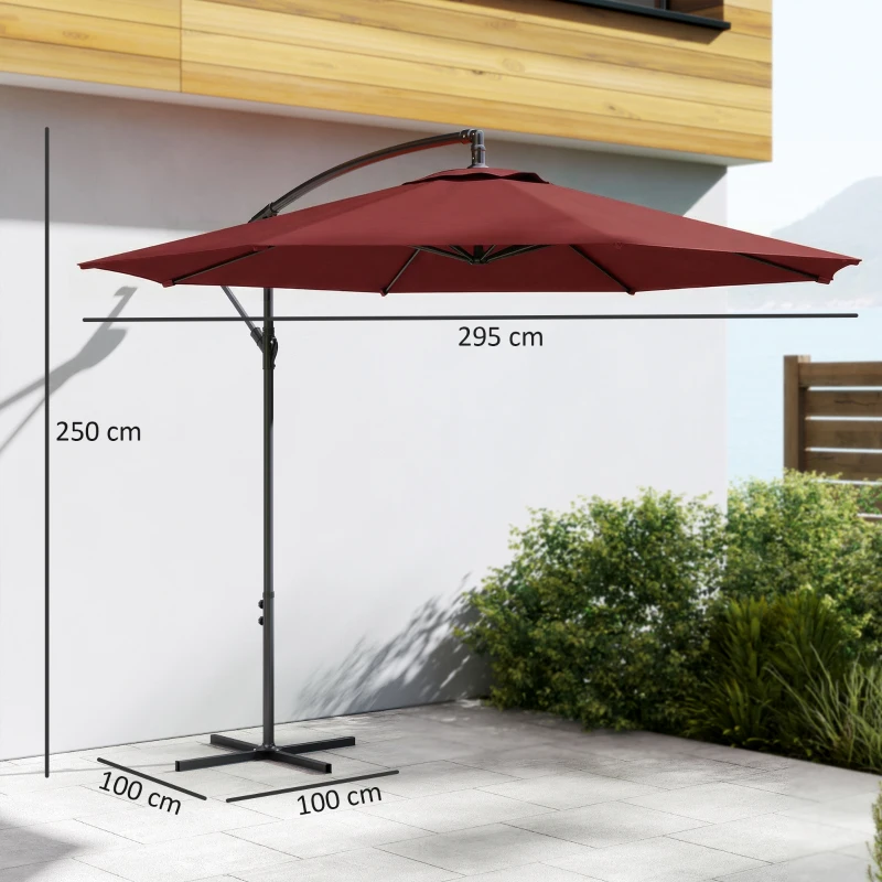 Outsunny 3 m Overhanging Cantilever Parasol, with Cross Base - Wine Red