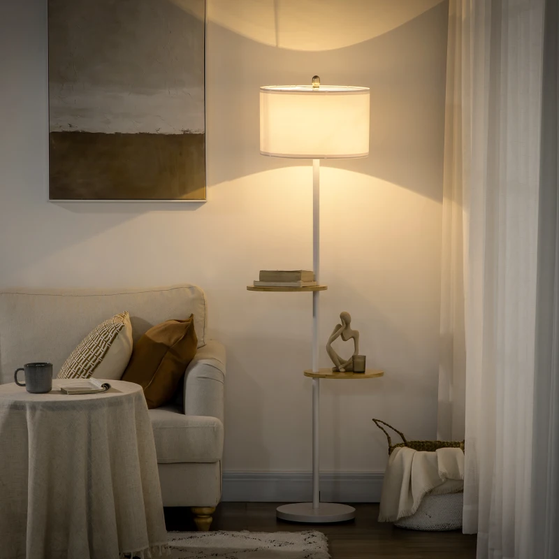 HOMCOM Lampadaire sur pied salon abat-jour en tissu 2 étagères rondes en bois interrupteur au pied culot E27 163 cm blanc