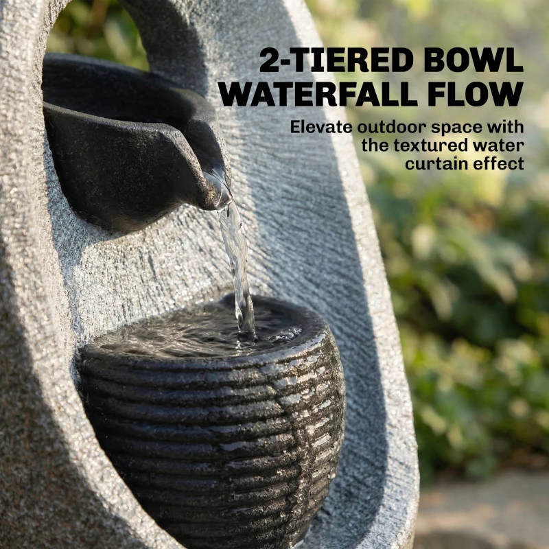 Outsunny Water Feature with 2-Tier Bowls, Garden Water Fountain with Pump and LED Lights, Resin Cascading Waterfall