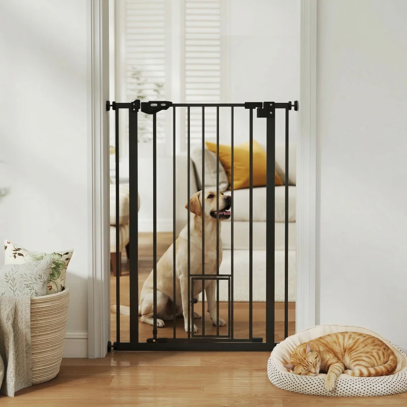 PawHut Cancellino per Cani Regolabile Alto con Porta Piccola e Chiusura Automatica, 74-80x104cm, Nero