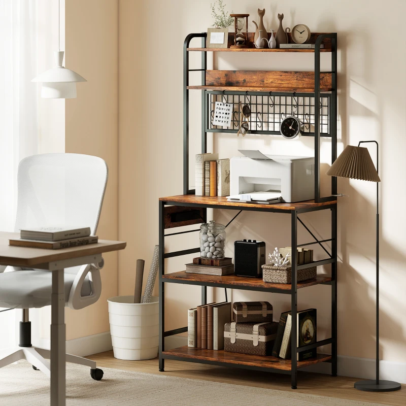 HOMCOM Scaffale da Cucina con Stazione di Ricarica, 5 Ripiani e 10 Ganci a S, in Legno e Acciaio, 80x40x170 cm, Marrone