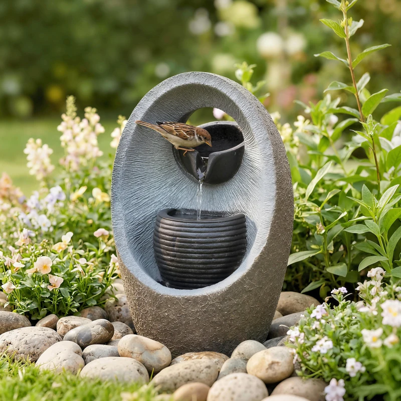 Outsunny Water Feature with 2-Tier Bowls, Garden Water Fountain with Pump and LED Lights, Resin Cascading Waterfall