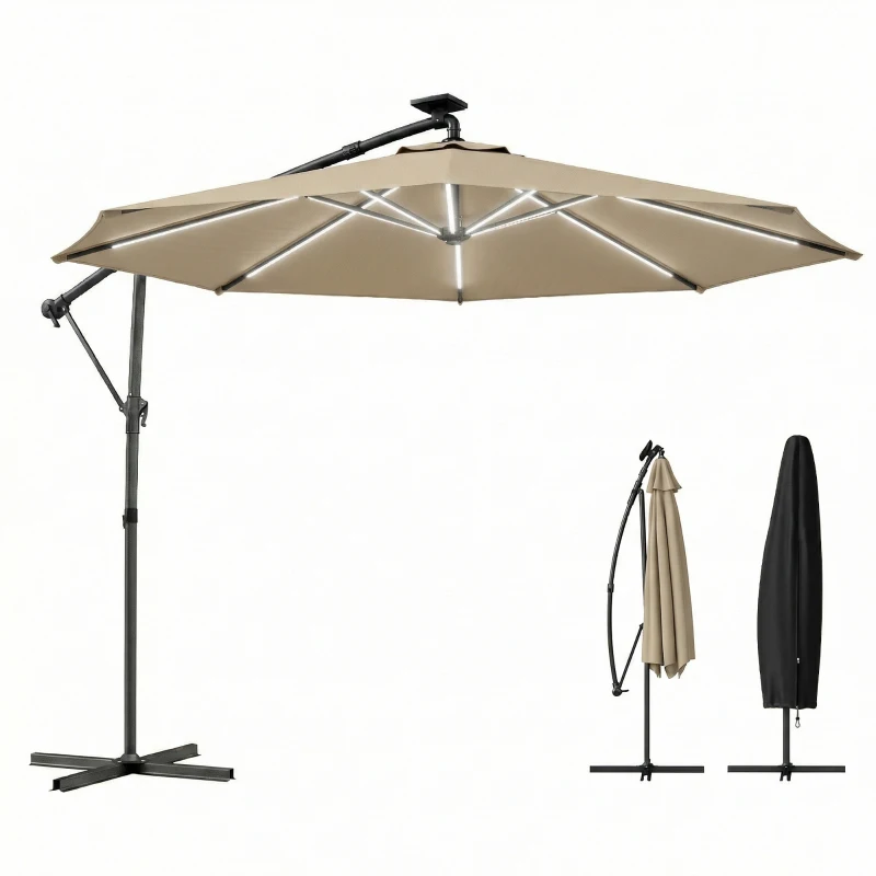 Outsunny 3 m Garden Cantilever Parasol with LED Solar Light, Round Overhanging Umbrella with 360° Rotation, Cover, Khaki