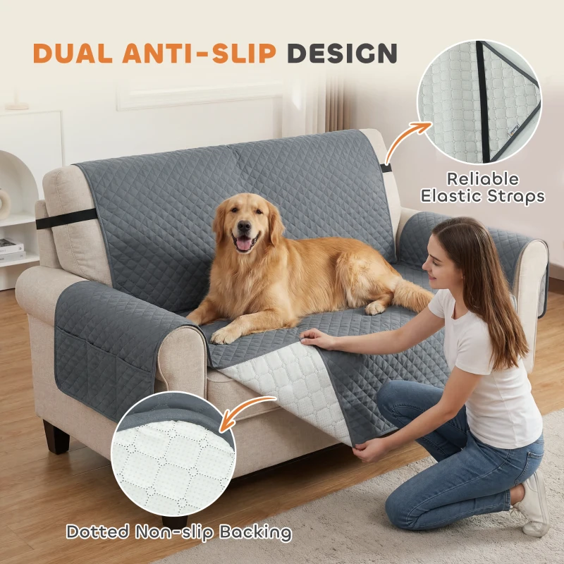 PawHut Waterproof Sofa Cover 2 Seater, Soft Couch Cover for Dogs Cats Pets, Non Slip Sofa Slipcoevr with Elastic Straps