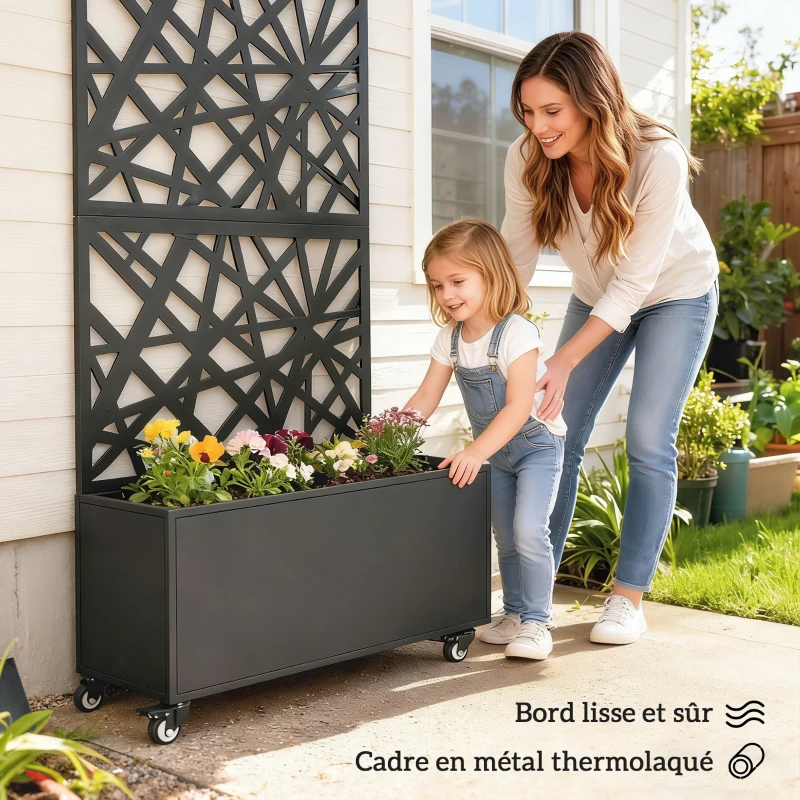 Outsunny Jardinière avec treillis, bac à fleurs, avec brise-vue et roulettes verrouillables, métal, 90 x 30 x 160 cm, noir