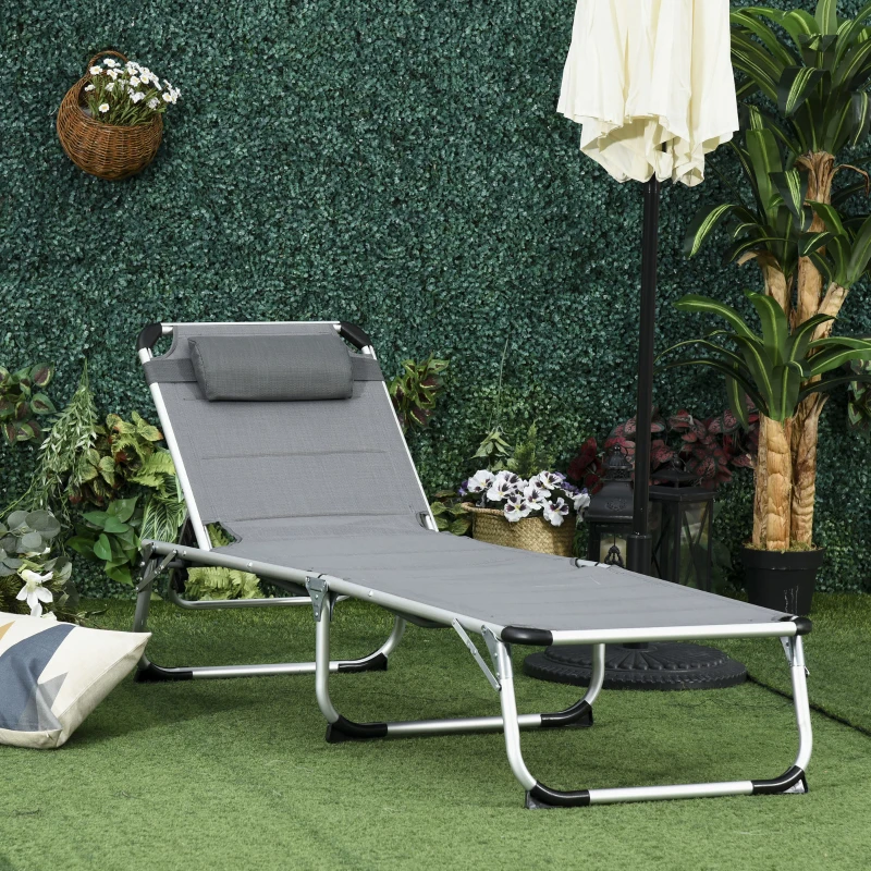 Outsunny Bain de soleil transat pliable dossier réglable multi-positions matelassage tétière aluminium textilène gris