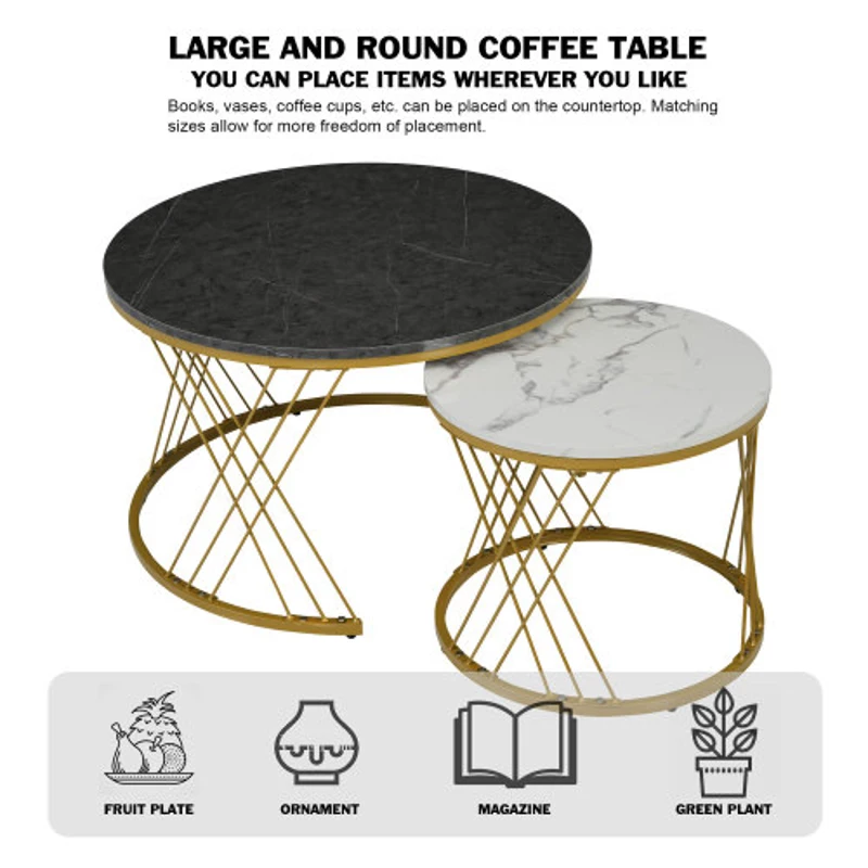 Set of 2 Modern Nesting Marble Coffee Tables with Metal Frame, Space-Saving Design, 70x70x45 cm and 44.5x44.5x38 cm, Grey