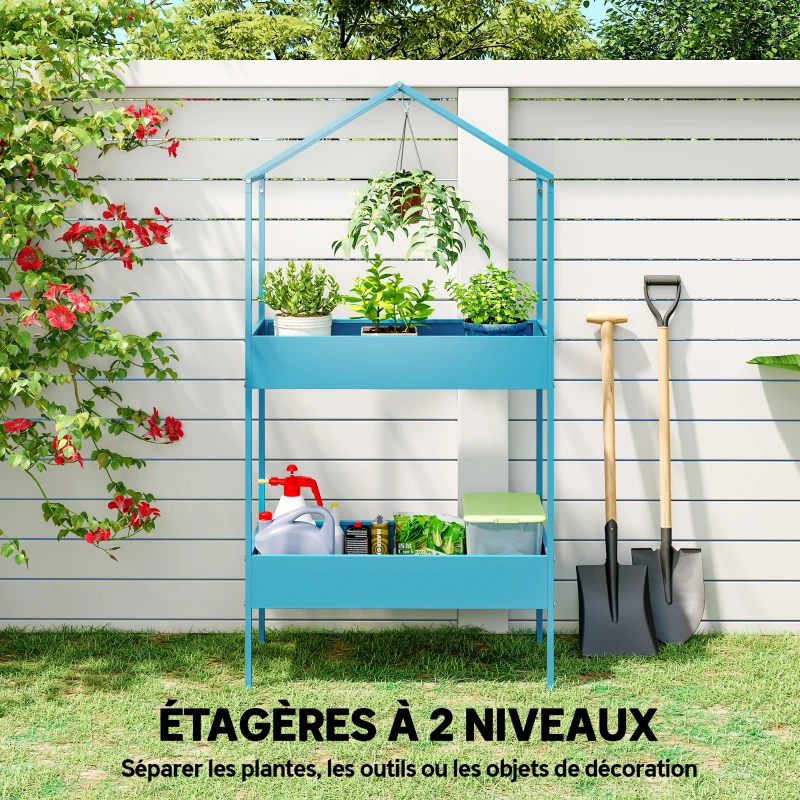 Outsunny Étagère à Plantes 2 Niveaux, Support de Plantes en Métal avec Crochet, Porte-Pots en Forme de Maison, Bleu-Vert