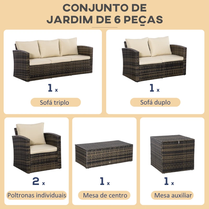 Outsunny Conjunto de Jardim Exterior de Vime 6 Peças Almofadas Sofá de Dois Lugares Sofá de Três Lugares 2 Cadeiras 2 Mesas Auxiliares Caqui