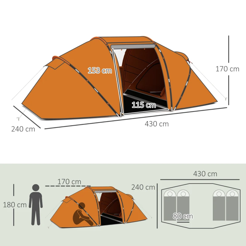 Outsunny Tunneltent voor 4-6 personen, kampeertent met deur, grondzeil, 2000mm waterdicht Oranje
