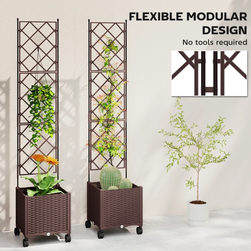 Outsunny Plastic Raised Planter with Trellis, Self Watering Raised Bed for Garden with Wheels, Drainage Holes and Plugs