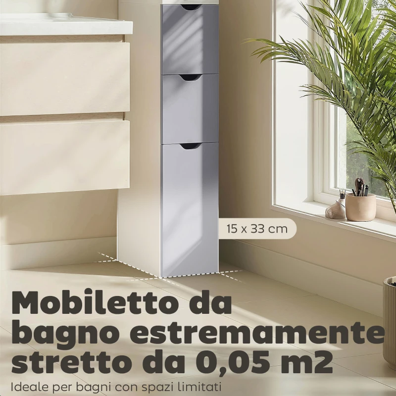 HOMCOM Colonna Bagno, Mobile Bagno Salvaspazio in Legno, Mobiletto con Armadietto, Ripiani e Cassetti, 15x33x136.8 cm, Grigio Chiaro
