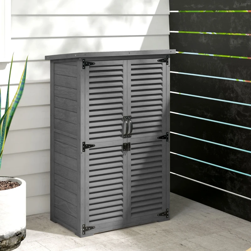 Outsunny Armadio giardino in legno con 2 ripiani e tetto bitumato, 75x50x118 cm, Grigio