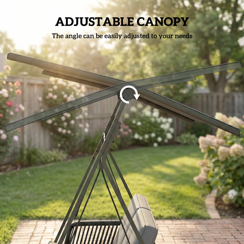 Outsunny 2-Seater Rattan Swing Chair, Outdoor Garden Hanging Swing Seat with Stand, Adjustable Canopy and Soft Cushions