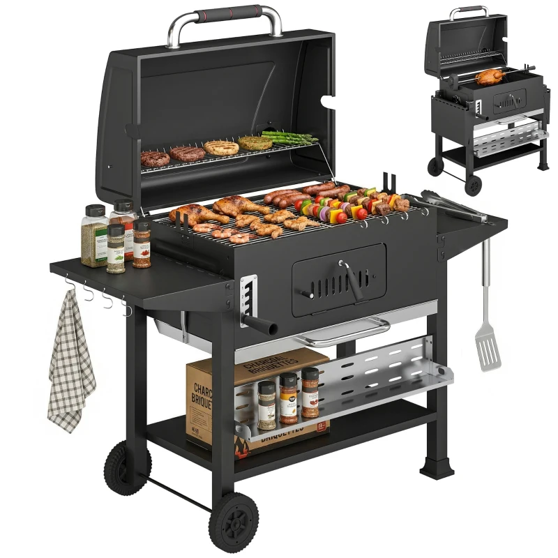 Outsunny Charcoal BBQ Grill Smoker with Electric Rotisserie Kit, Portable Barbecue Grill with Warming Rack, Black