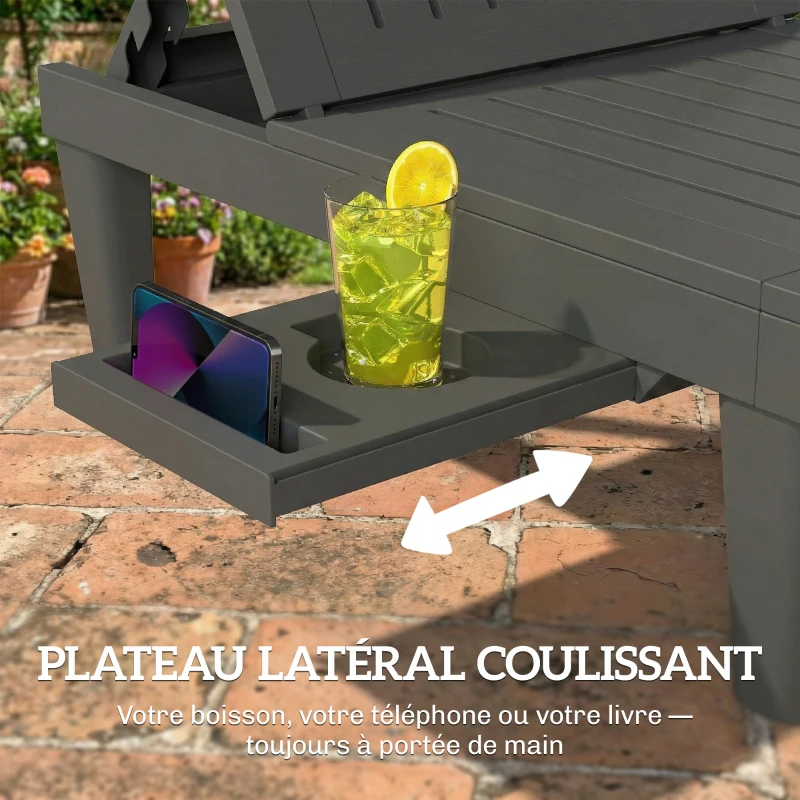Outsunny Lot de 2 chaises longues de jardin en plastique PP avec plateau latéral, inclinables à 5 positions, gris