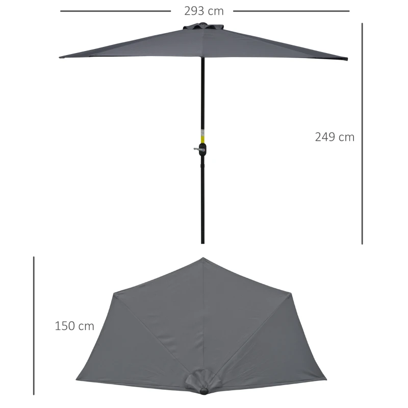 Outsunny Demi parasol parasol de balcon 5 entretoises métal cheminée incluse 2,93 x 1,5 x 2,49 m polyester haute densité gris