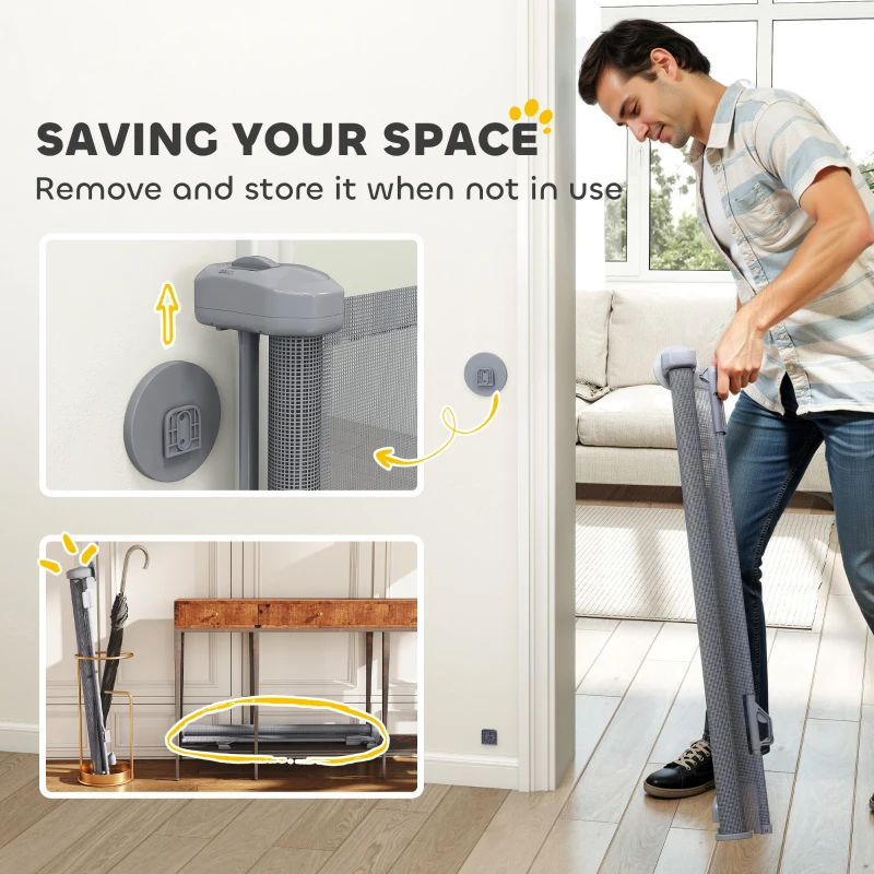 PawHut Retractable Dog Gate, Extends to 140 cm Wide & 93 cm Tall, Mesh Pet Gate with Single Hand Operation, for Stairs Doorways