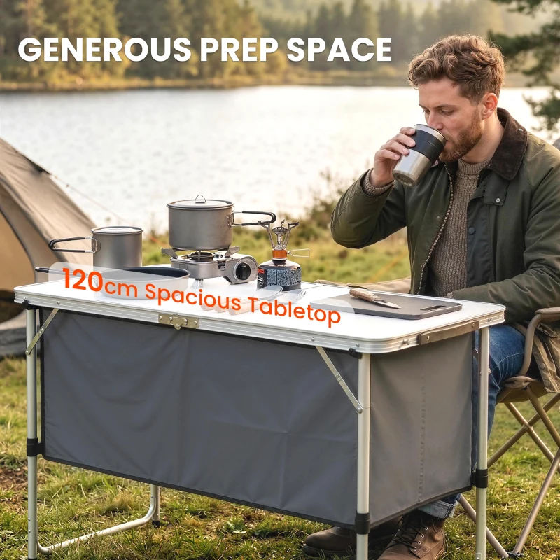 Outsunny Camping Cupboards Folding Portable Aluminium Camp Cook Station with Storage Cupboard for Outdoor BBQ