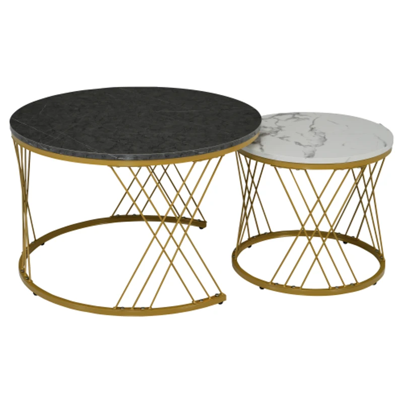 Set of 2 Modern Nesting Marble Coffee Tables with Metal Frame, Space-Saving Design, 70x70x45 cm and 44.5x44.5x38 cm, Grey