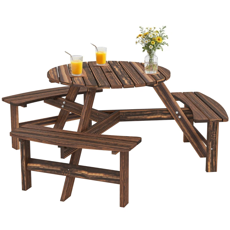 Outsunny Wooden Garden Dining Set, 6 Seater Round Dining Picnic Table with Matching Bench, Garden Furniture Set with Parasol Hole for Outdoor Patio Party and Family Gatherings, Carbonized