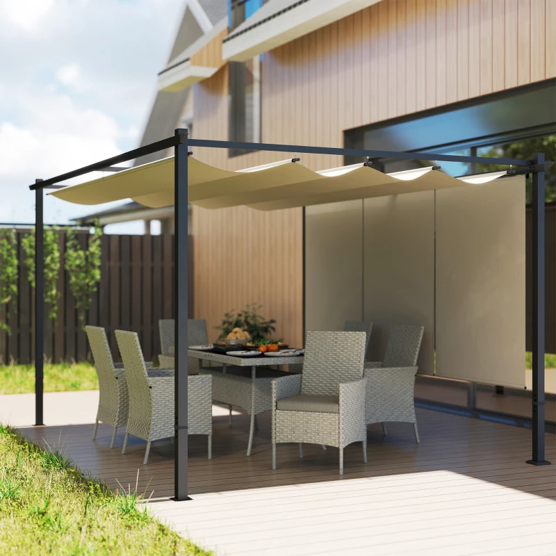 Outsunny Pérgola com Teto Retrátil de 390x293x220 cm Pérgola de Parede ou Independente com Lados Enroláveis Proteção UV30+ Bege