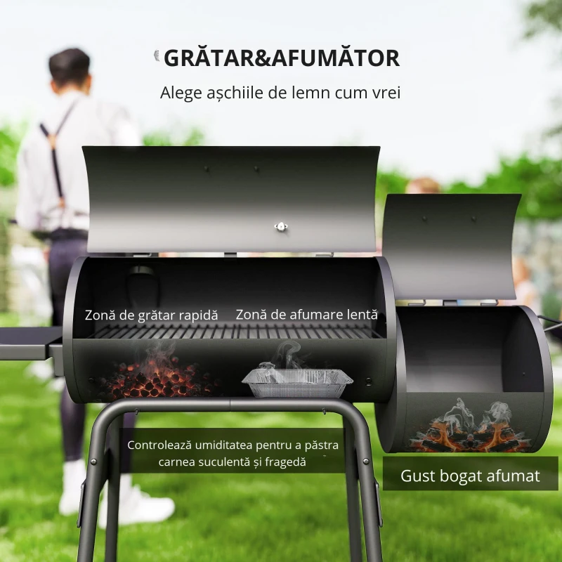 Outsunny Gratar de gradina cu capac si afumator, gratar pe carbune cu rafturi si roti 124x53x104cm, negru