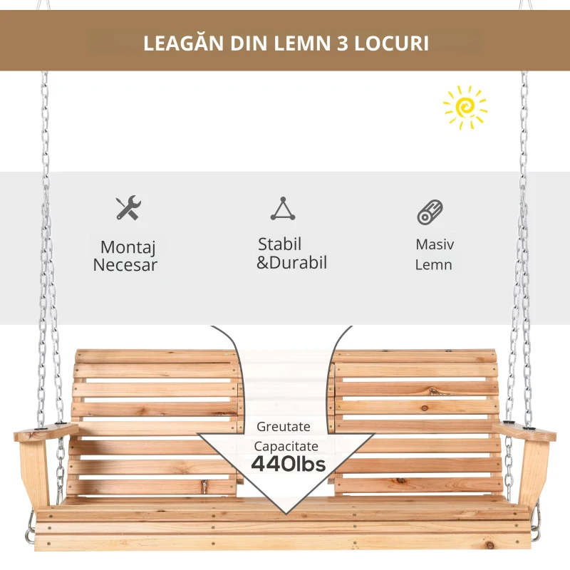 Outsunny Leagan Suspendat cu 3 Locuri din Lemn pentru Gradina sau Terasa
