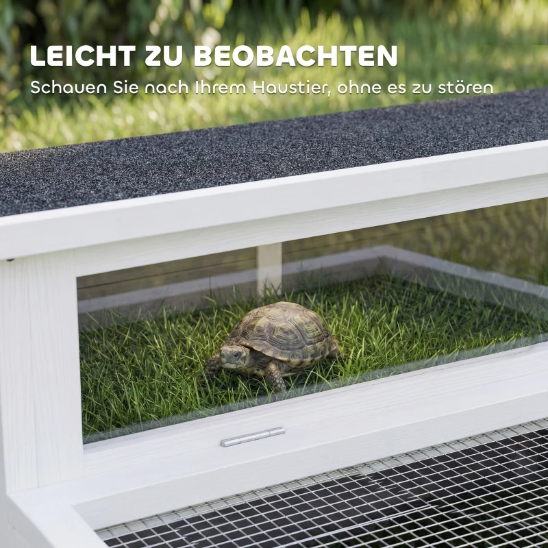PawHut Schildpaddenhuis van hout met uitloop, hoofdhuis, kijkvenster, opklapbare bovenkant, 2 deuren, 113x106,5x44,5 cm Donkergrijs