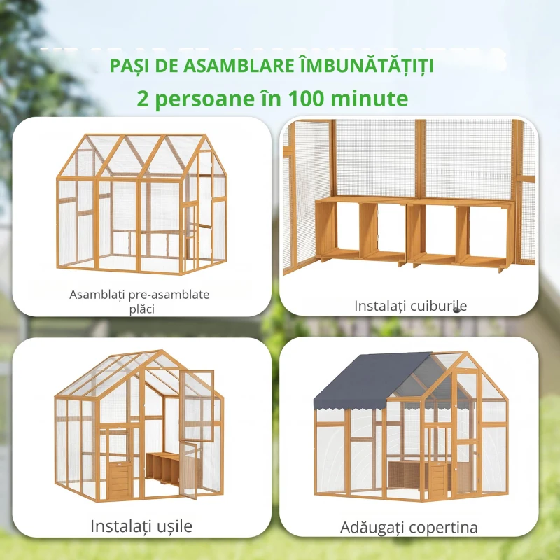 PawHut Coteț pentru găini 3,07 m² tarc exterior din lemn cu husă impermeabilă, încuietoare de siguranță, pentru 6-8 găini 1,7 x 1,8 x 1,8 m