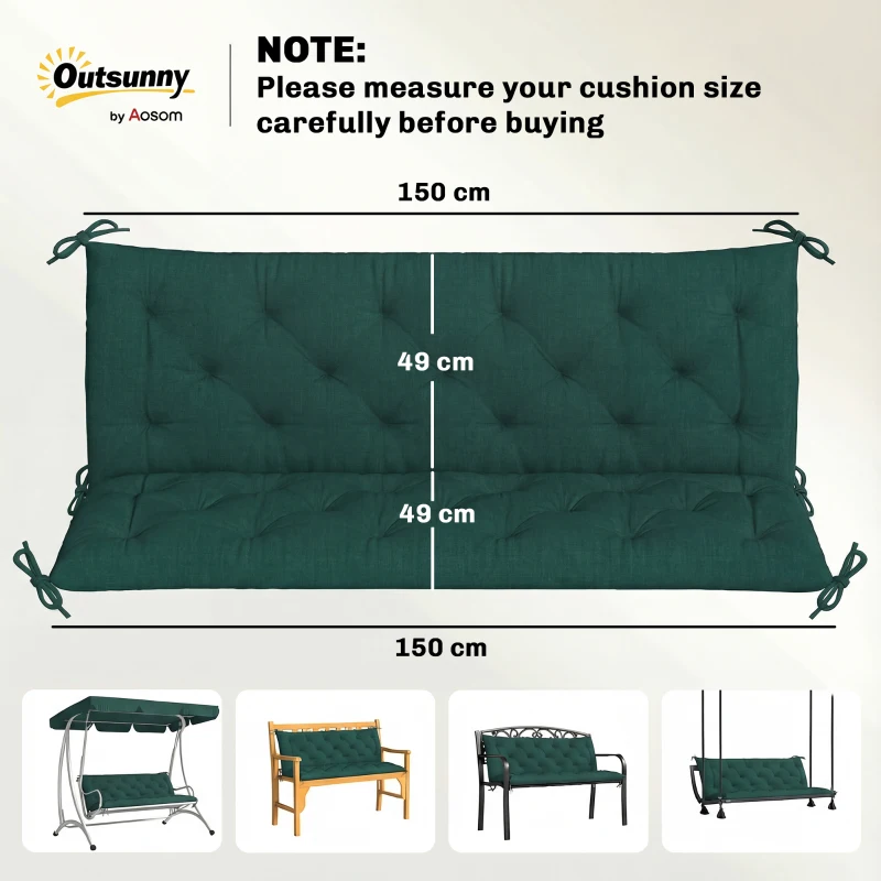 Outsunny 3 Seater Bench Cushion, Garden Chair Cushion with Back and Ties for Indoor and Outdoor Use, 98 x 150 cm, Green