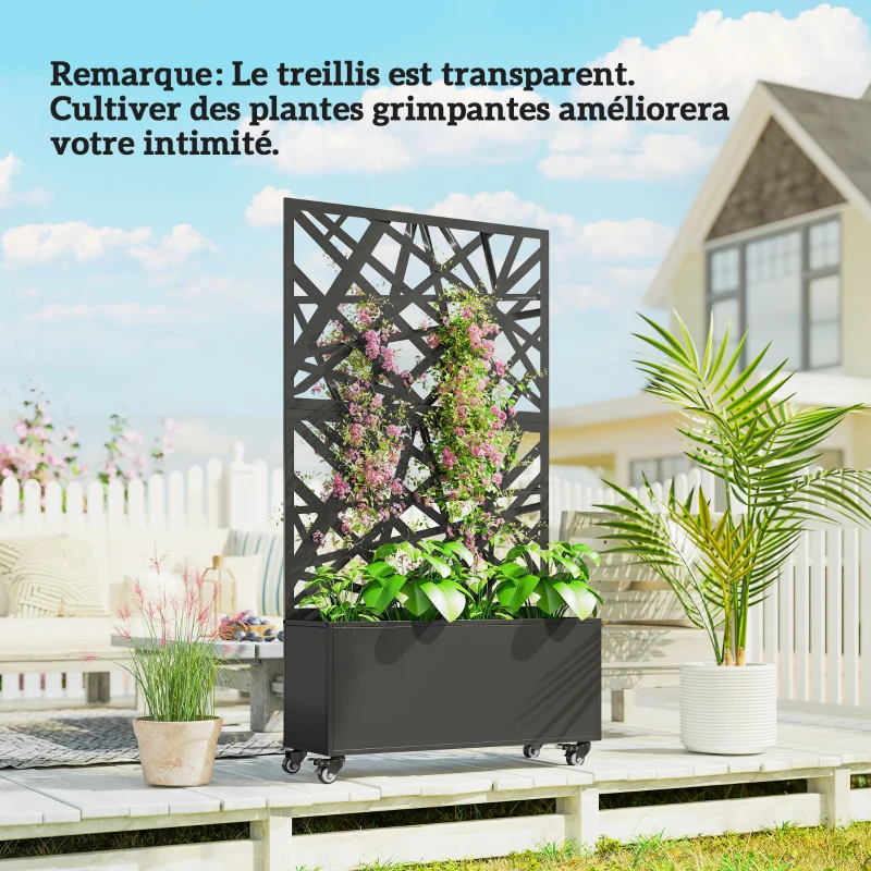 Outsunny Jardinière avec treillis, bac à fleurs, avec brise-vue et roulettes verrouillables, métal, 90 x 30 x 160 cm, noir