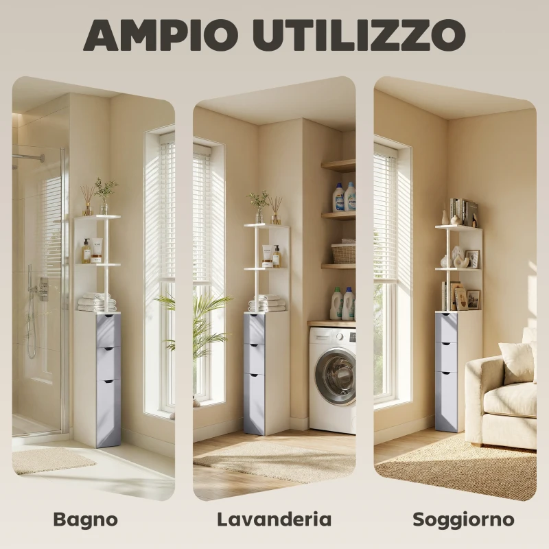 HOMCOM Colonna Bagno, Mobile Bagno Salvaspazio in Legno, Mobiletto con Armadietto, Ripiani e Cassetti, 15x33x136.8 cm, Grigio Chiaro