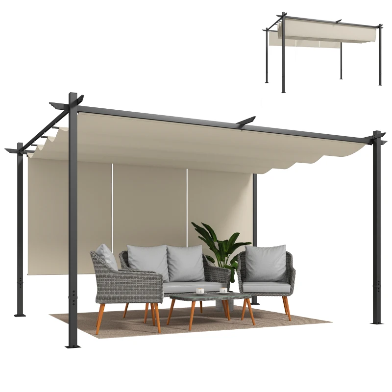 Outsunny Pérgola com Teto Retrátil de 390x293x220 cm Pérgola de Parede ou Independente com Lados Enroláveis Proteção UV30+ Bege
