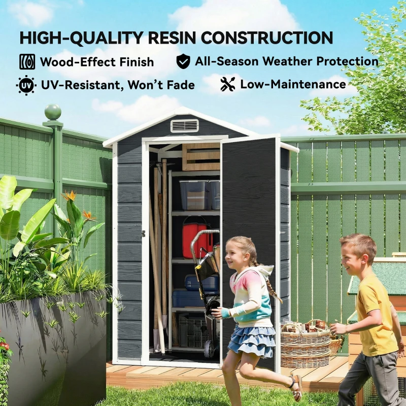 Outsunny Domek ogrodowy 1,1 m² z wyglądem drewna, okno, dwuspadowy dach, wentylacja, podłoga, zamek, rękawice, szary