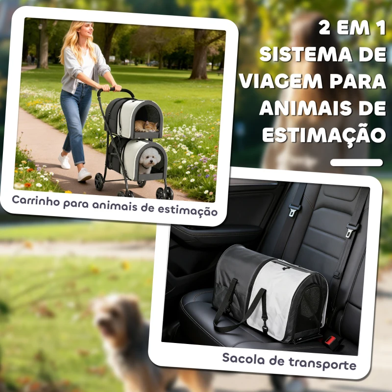 PawHut Carrinho Duplo para Cães e Gatos Dobrável com 2 Transportadoras Removíveis com Cinto e Almofadas 66x50x98 cm Cinzento Escuro