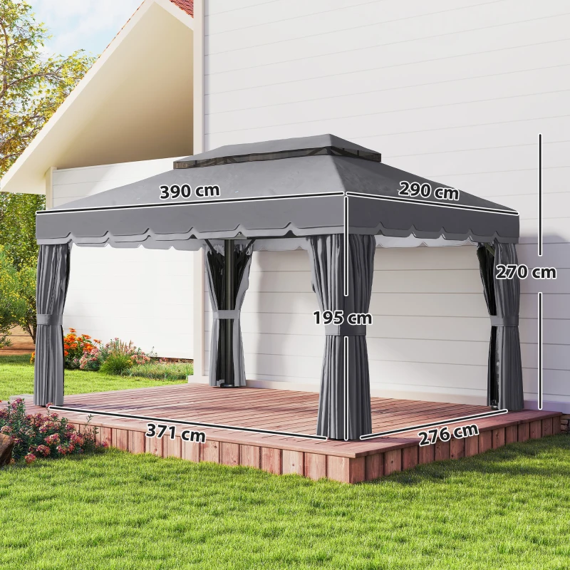 Outsunny Pérgola de Jardim 390x290x270 cm com 4 Cortinas Laterais 4 Telas Mosquiteiras e 8 Orifícios de Drenagem Cinza