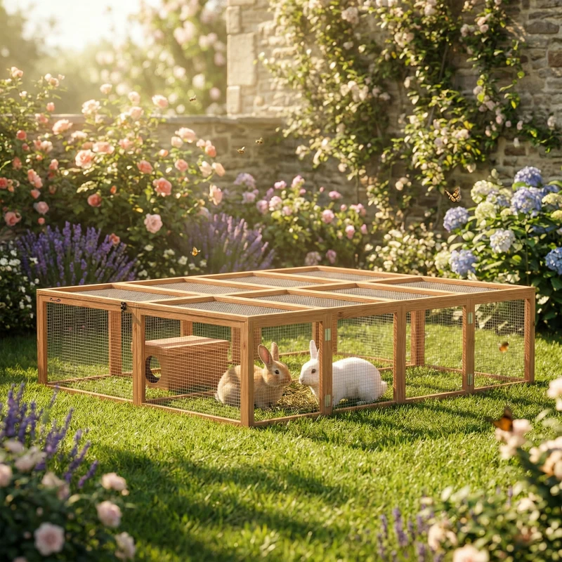 PawHut Freilaufgehege Kaninchenstall aus Holz mit 2 Türen Unterschlupfhaus für 2-4 Zwergkaninchen 180,4 x 150 x 48 cm Orange