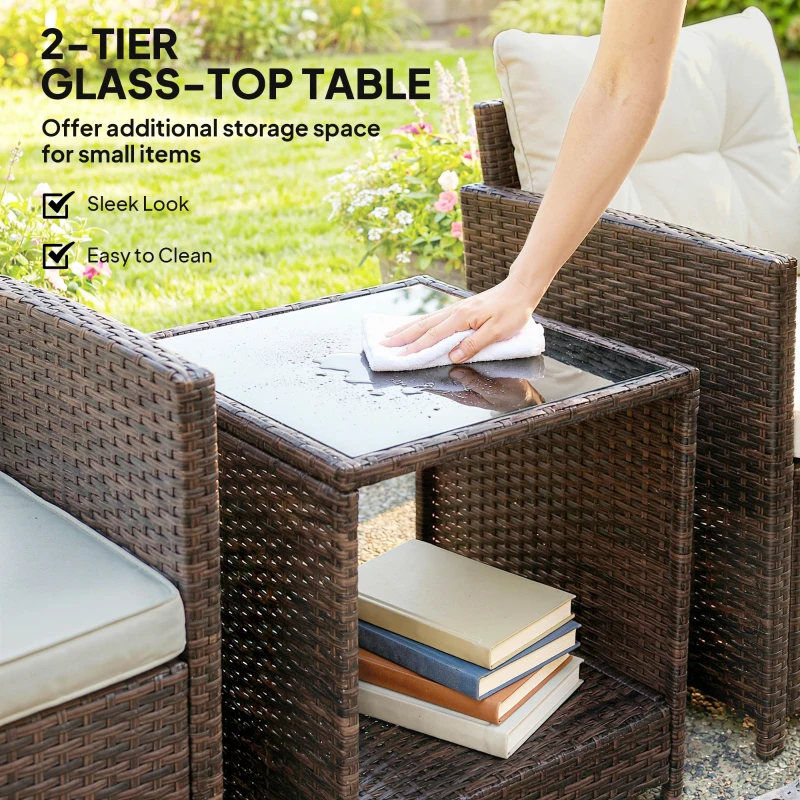 Outsunny Zestaw balkonowy z rattanu, 3-częściowy zestaw mebli ogrodowych z 2 fotelami, stolikiem z dwupoziomowym blatem szklanym, kremowobiały