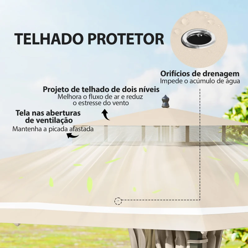 Outsunny Pérgola de Jardim 370x303x290 cm com Telhado Duplo Cortinas Laterais e Mosquiteiras Resistente à Água e Anti-UV Bege