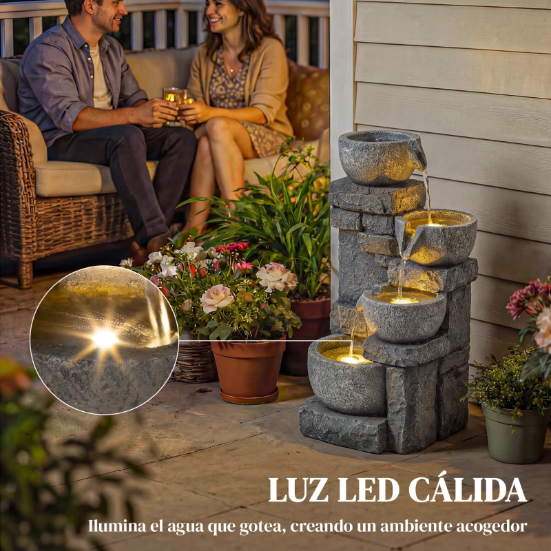 Outsunny Fuente de Jardín con Iluminación LED Bomba Fuente Decorativa en Cascada de 4 Niveles Flujo Ajustable Gris