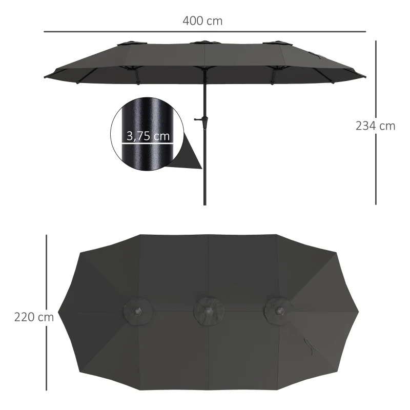 Outsunny Parasol de jardin extérieur, parasol double rectangulaire 4 x 2,2 x 2,3 m avec ouverture fermeture manivelle gris foncé