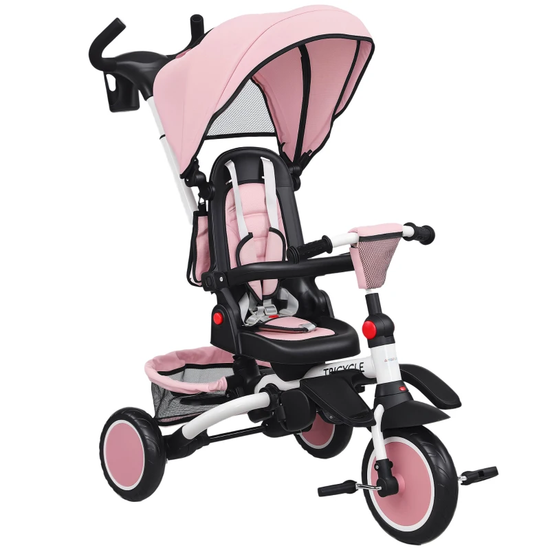 AIYAPLAY Tricycle bébé évolutif 6 en 1, tricycle enfant pliable avec poignée parentale réglable, siège pivotant 360°, rose