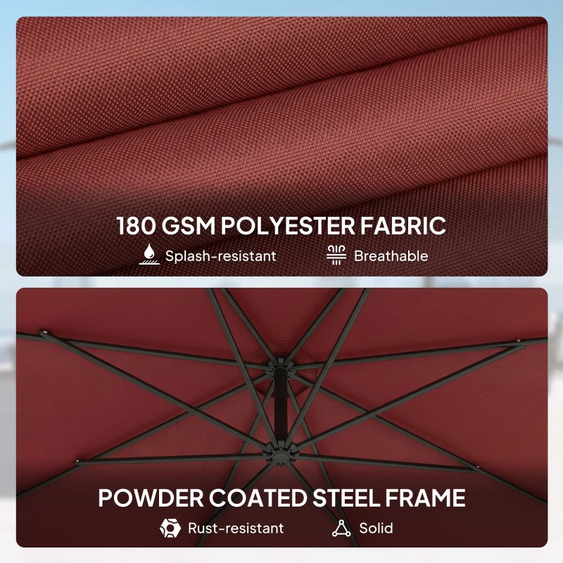 Outsunny 3 m Overhanging Cantilever Parasol, with Cross Base - Wine Red