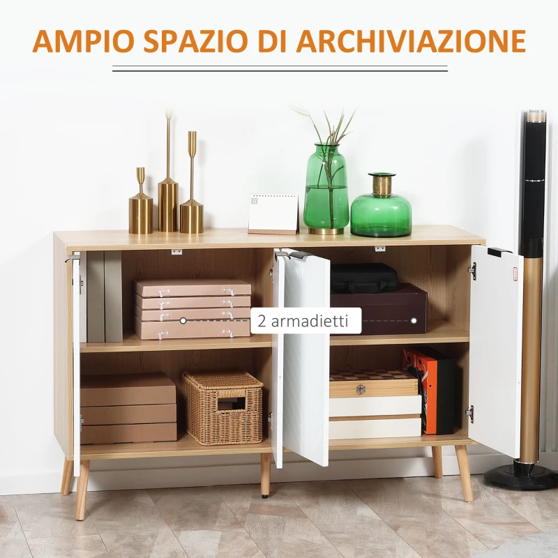 HOMCOM Mobile Contenitore con 2 Armadietti a Ripiani Regolabili, in Legno di Pino, 120x35x77.4 cm, color Legno e Bianco