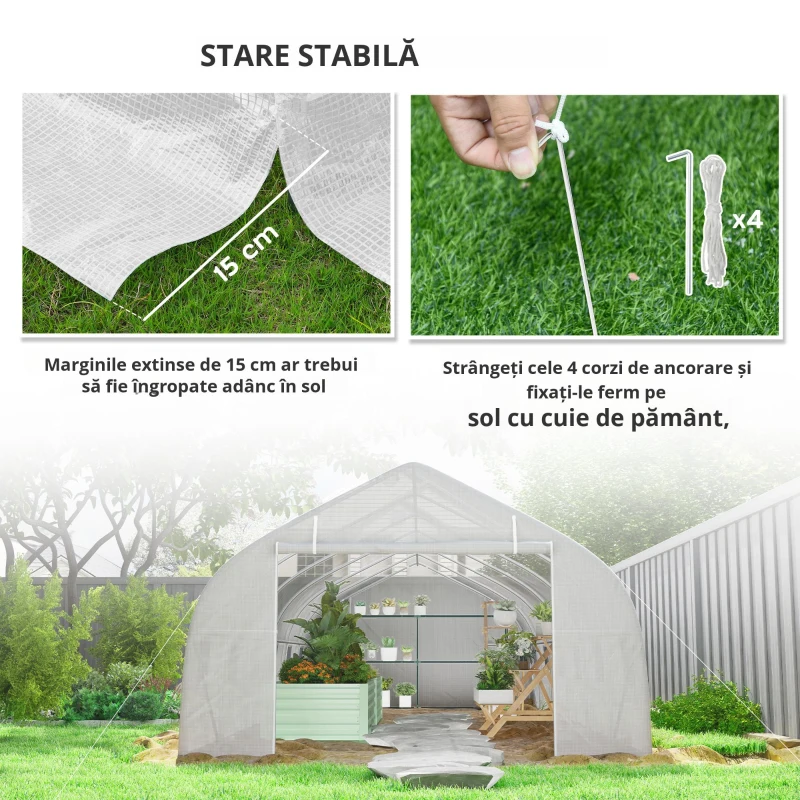 Outsunny Seră de grădină tunel cu acoperiș PE cadru din oțel ușă rulabilă și 12 ferestre 8 x 3 x 2 m alb